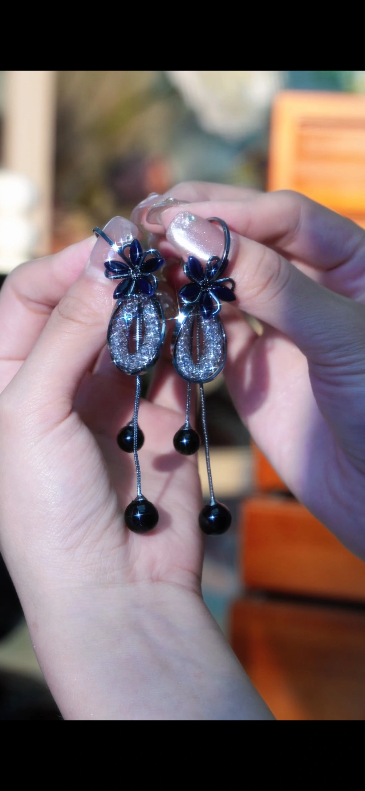 Classic black floral tassel earrings and personalized earrings detail image 2
