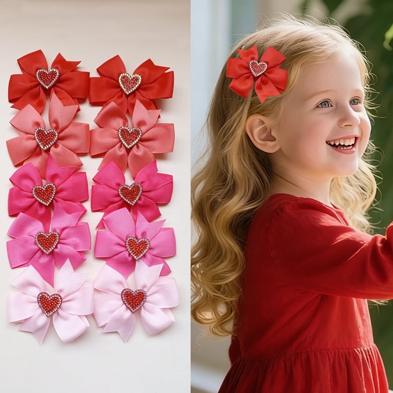 Acrylic children's hair clips, headwear, cute hair accessories, girls' decoration, Valentine's Day new style fabric hand-threaded heart-shaped children's bow hair clips, rhindiamond heart accessories, side clips