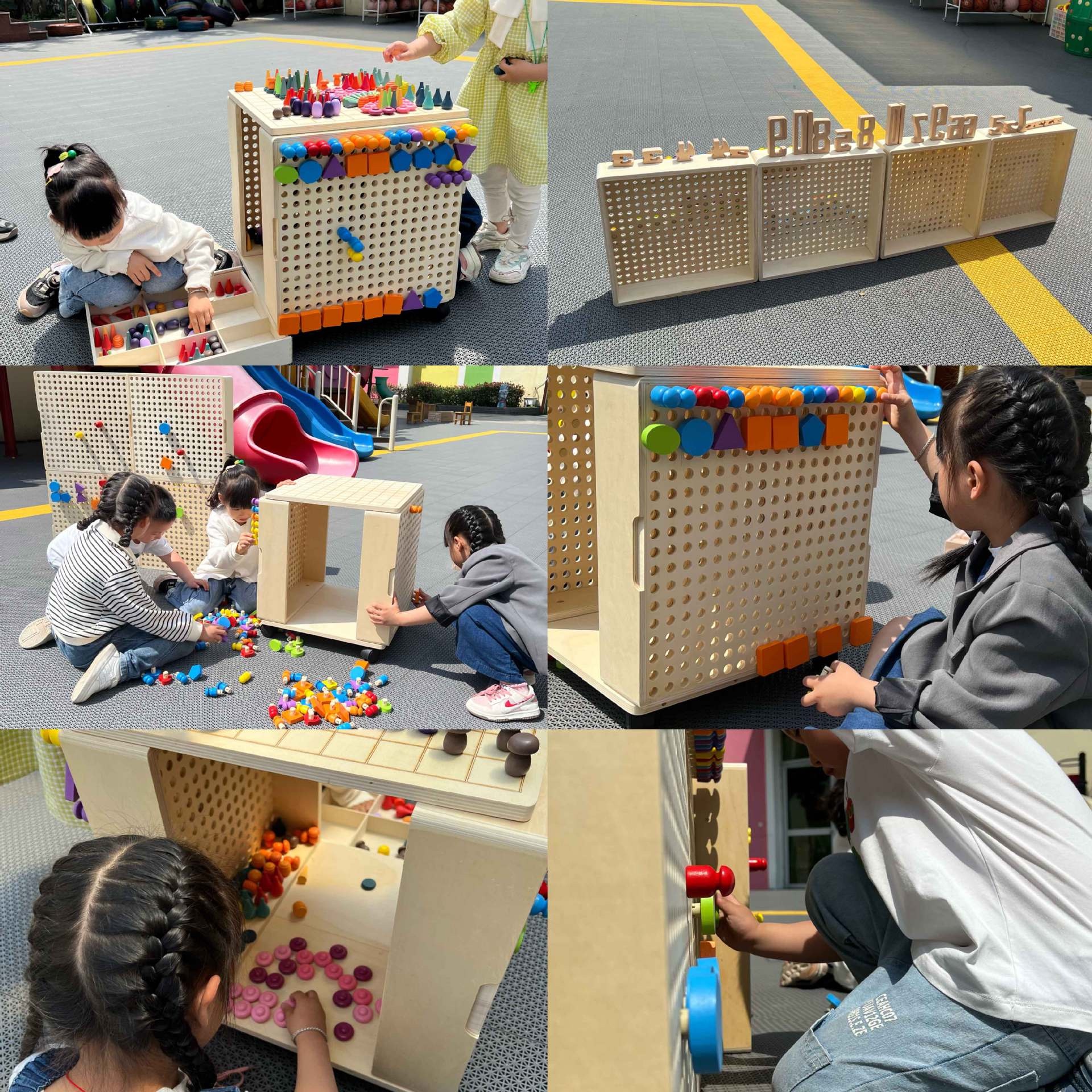 Kindergarten interlocking toys, wall decoration, versatile beaded building blocks, children's wooden wall play boards, mushroom studs details Picture