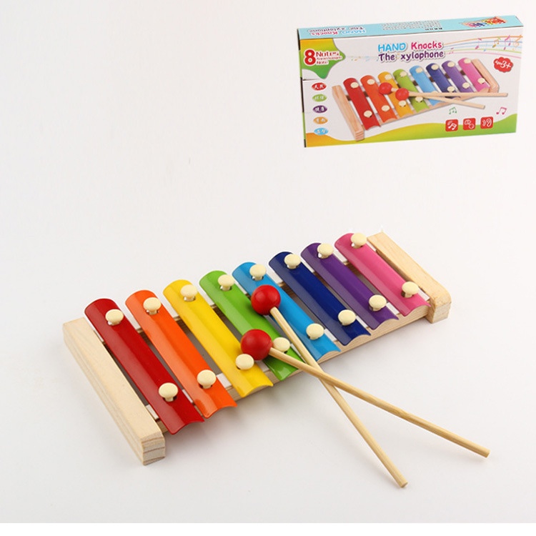 Children's educational eight-tone piano, wooden music eight-tone hand-played piano, colorful hand-played piano building block toys for boys and girls, 1-3 years old details Picture