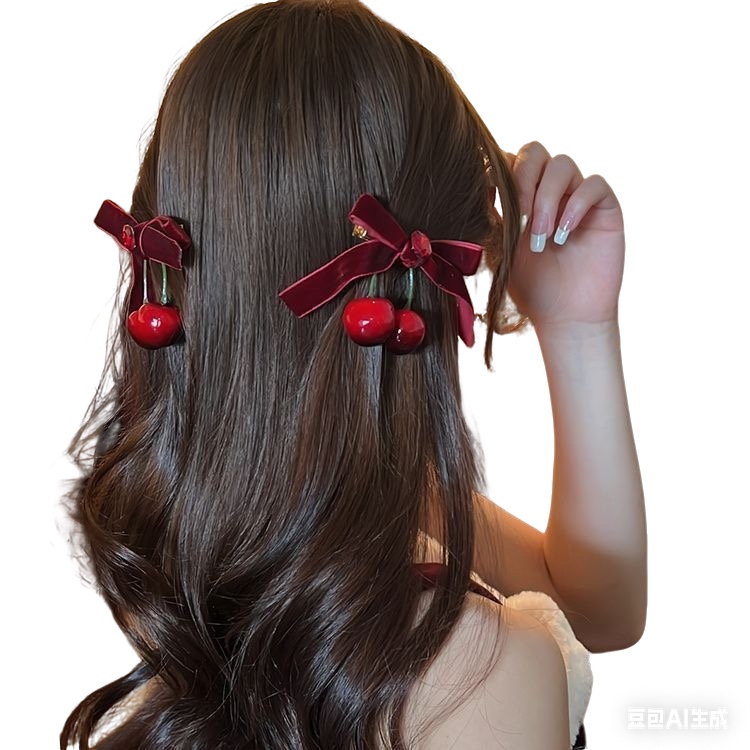 A new sweet hair accessory with a winter atmosphere, featuring cherry hair clips, red bow velvet clips, and half a tie on the back of children's heads