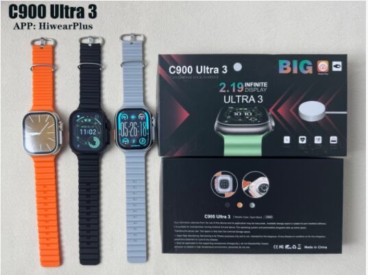 The C900Ultra3 smartwatch features a 2.09-inch high-definition screen, heart rate, blood pressure and blood oxygen monitoring, Bluetooth step counting for exercise, sleep recording, sedentary reminder, remote control for taking photos, alarm clock, and IP65 water resistance