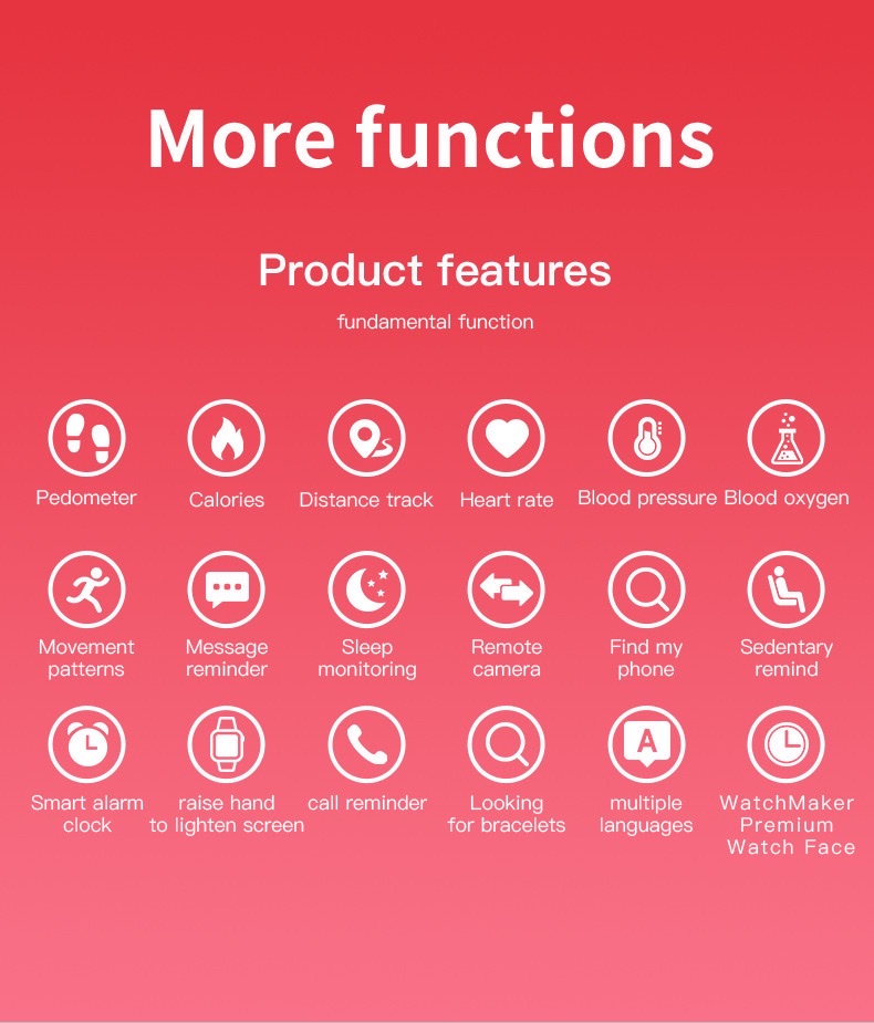 The M8 smart bracelet is universally applicable both domestically and internationally. It features blood pressure, blood oxygen, heart rate monitoring, exercise step counting, sleep recording, information reminder, alarm clock, remote control for selfies, and sedentary reminder. It comes with 13 languages detail image 11