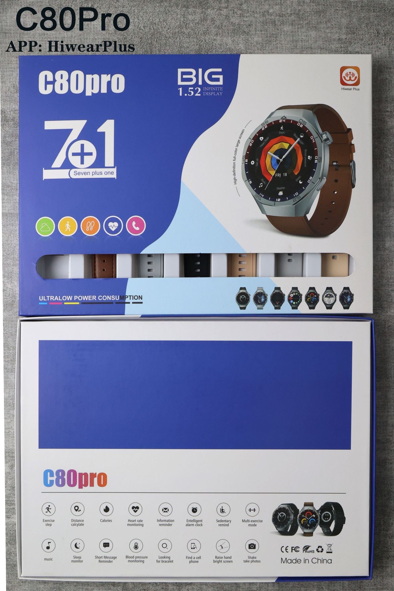 The C80pro smartwatch is equipped with payment functions, encoders, and is recognized both domestically and internationally. It features a 1.52-inch large screen for heart rate, blood pressure, and blood oxygen monitoring and analysis, Bluetooth music, step counting for exercise, sleep recording, remote control for taking photos, and prolonged sitting Specification image