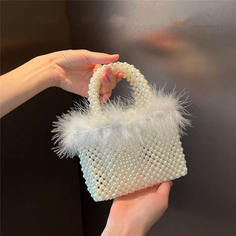 New niche and trendy French design, handcrafted beaded pearl women's furry small square handbag detail image 5
