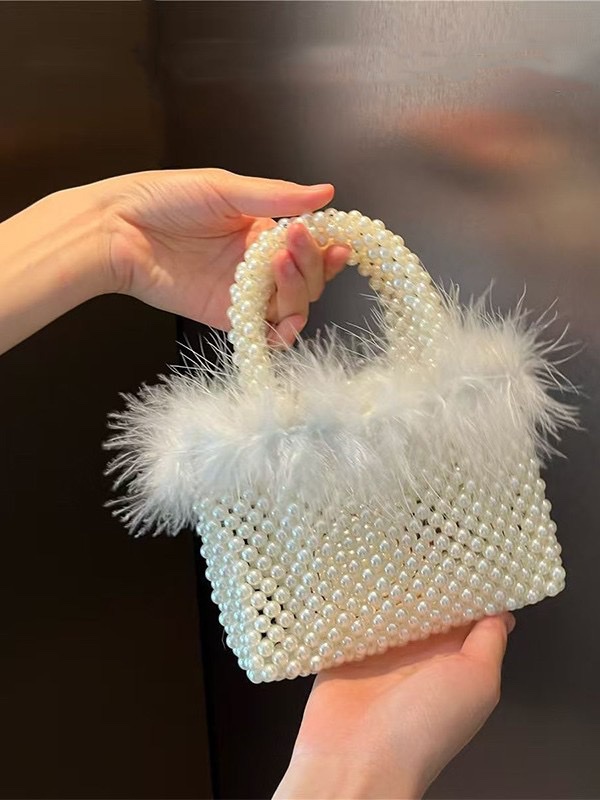 New niche and trendy French design, handcrafted beaded pearl women's furry small square handbag detail image 3