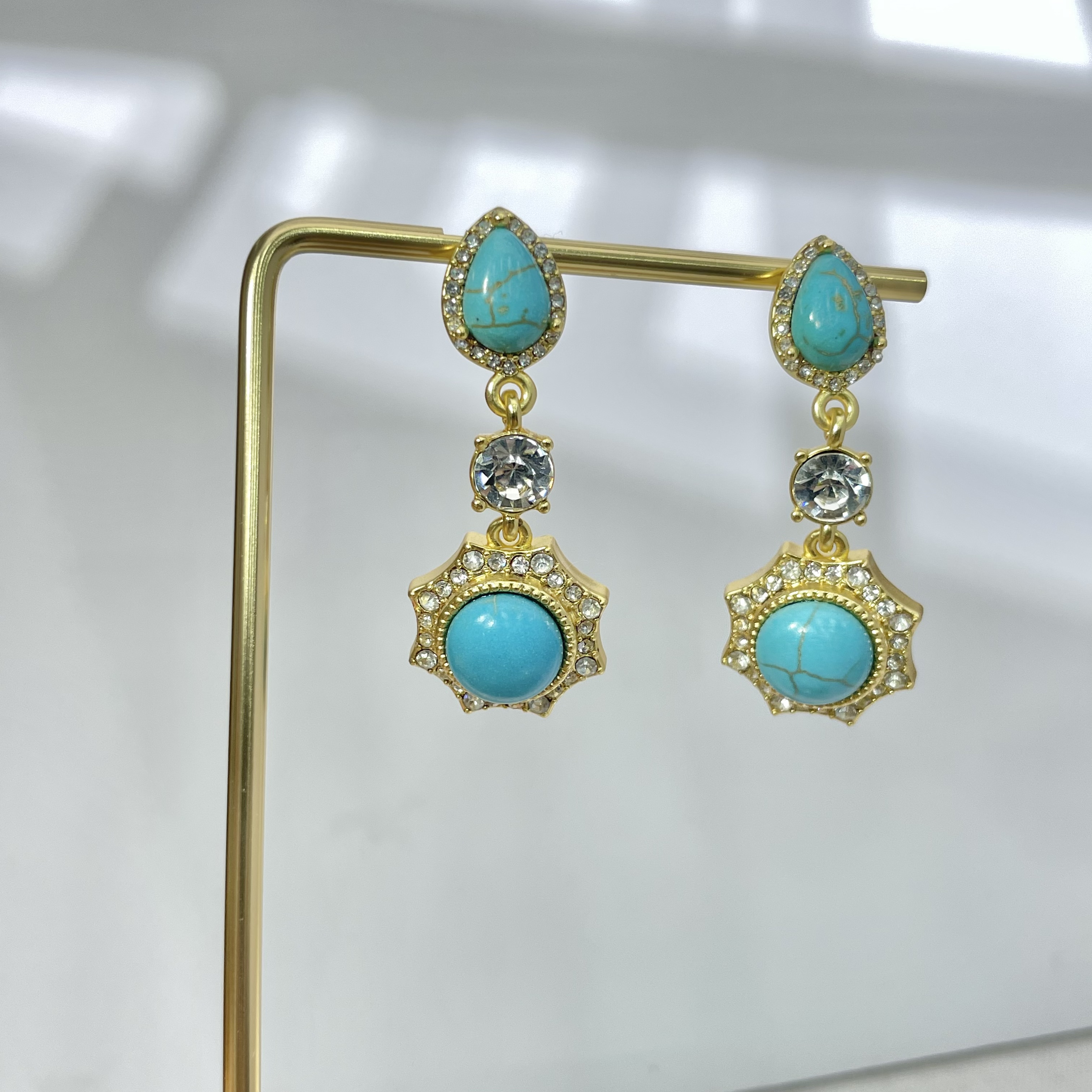 复古宫廷风水滴形绿松石耳环 镶钻几何拼接耳坠 小众轻奢饰品批发