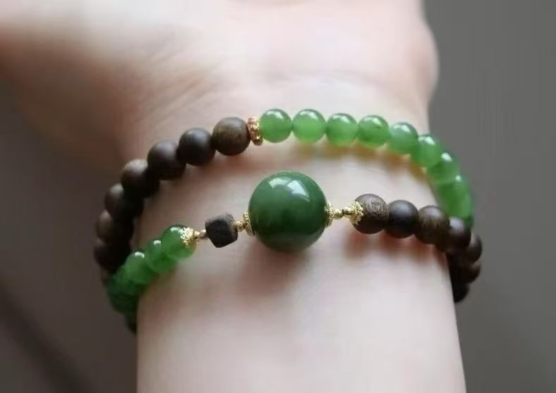 天然和碧玉沉香手串奇楠沉香沉水级双圈手链简约百搭显白双圈手链产品图