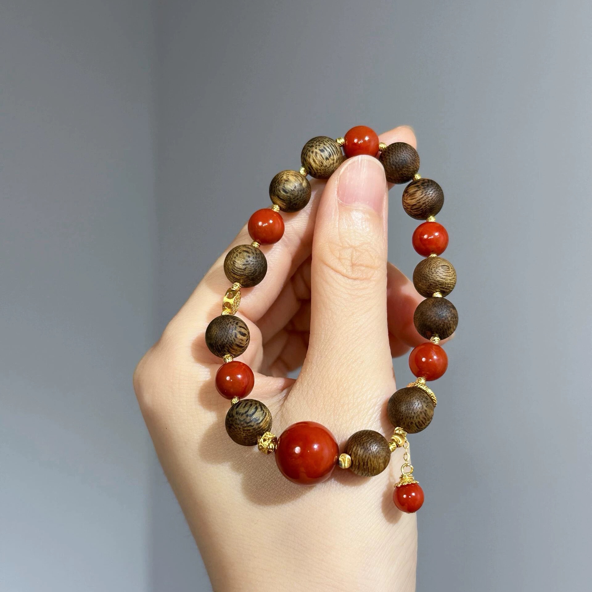 沉香手串老料奇楠沉香搭川料南红玛瑙古法金手链男女手串