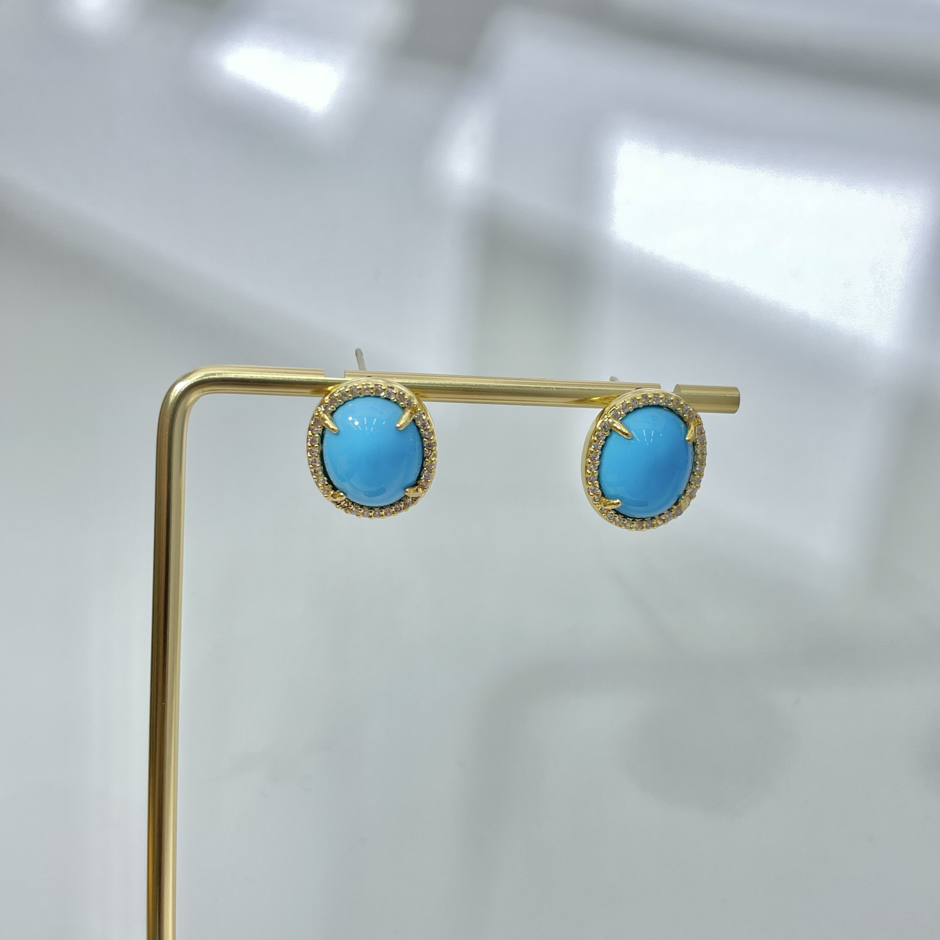 轻奢复古椭圆形绿松石耳钉 镶钻爪镶设计耳饰 跨境小众饰品批发