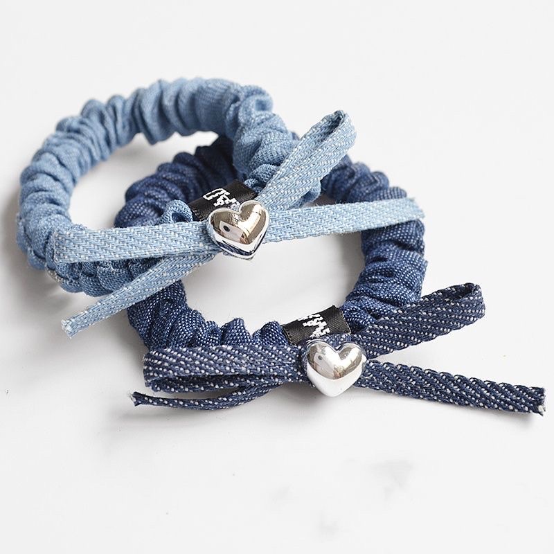 韩系新款牛仔蝴蝶结小肠发圈洋气少女扎发头绳高颜值银色爱心发绳