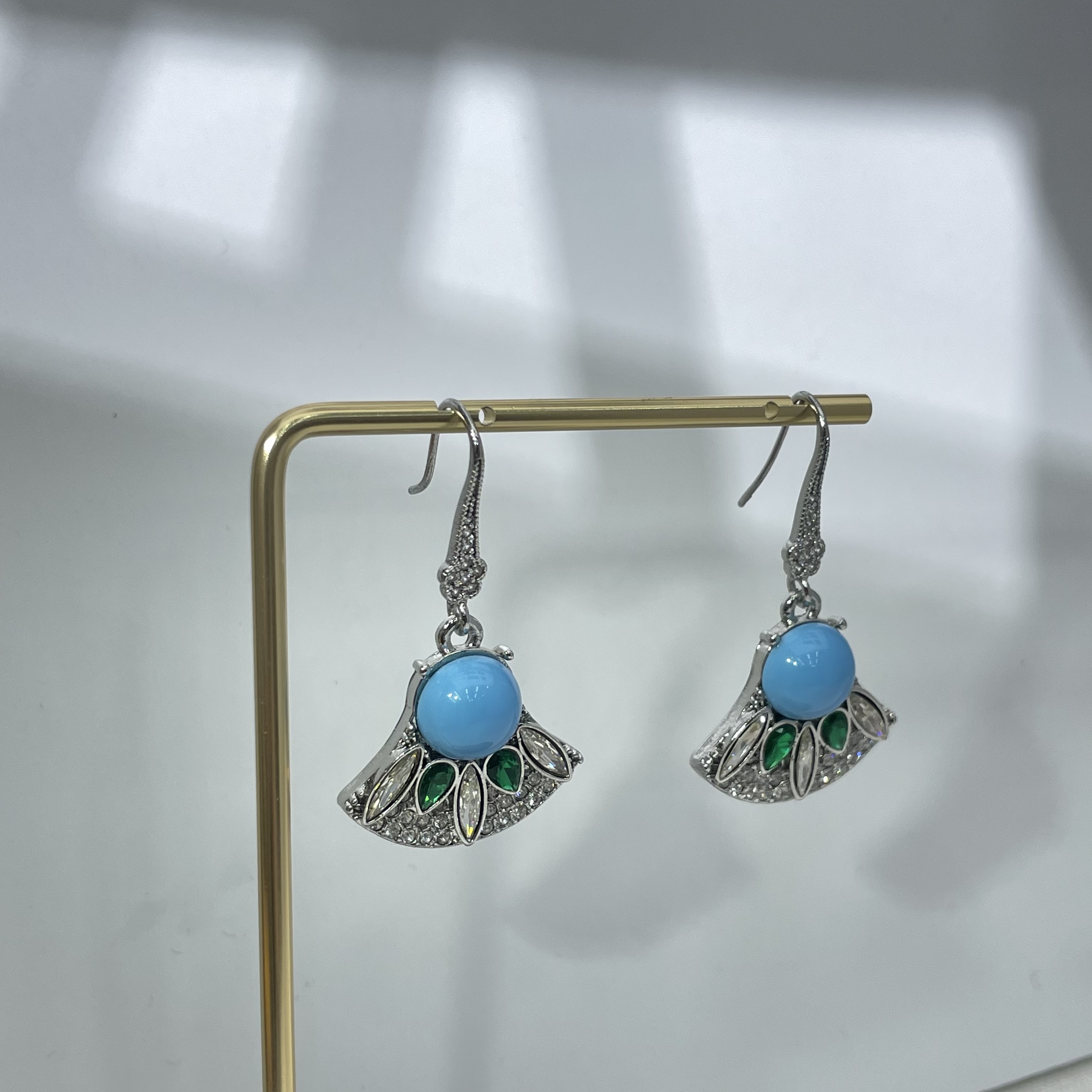 复古做旧银镶绿松石扇形耳环 重工镶钻绿宝耳坠 小众宫廷风饰品批发