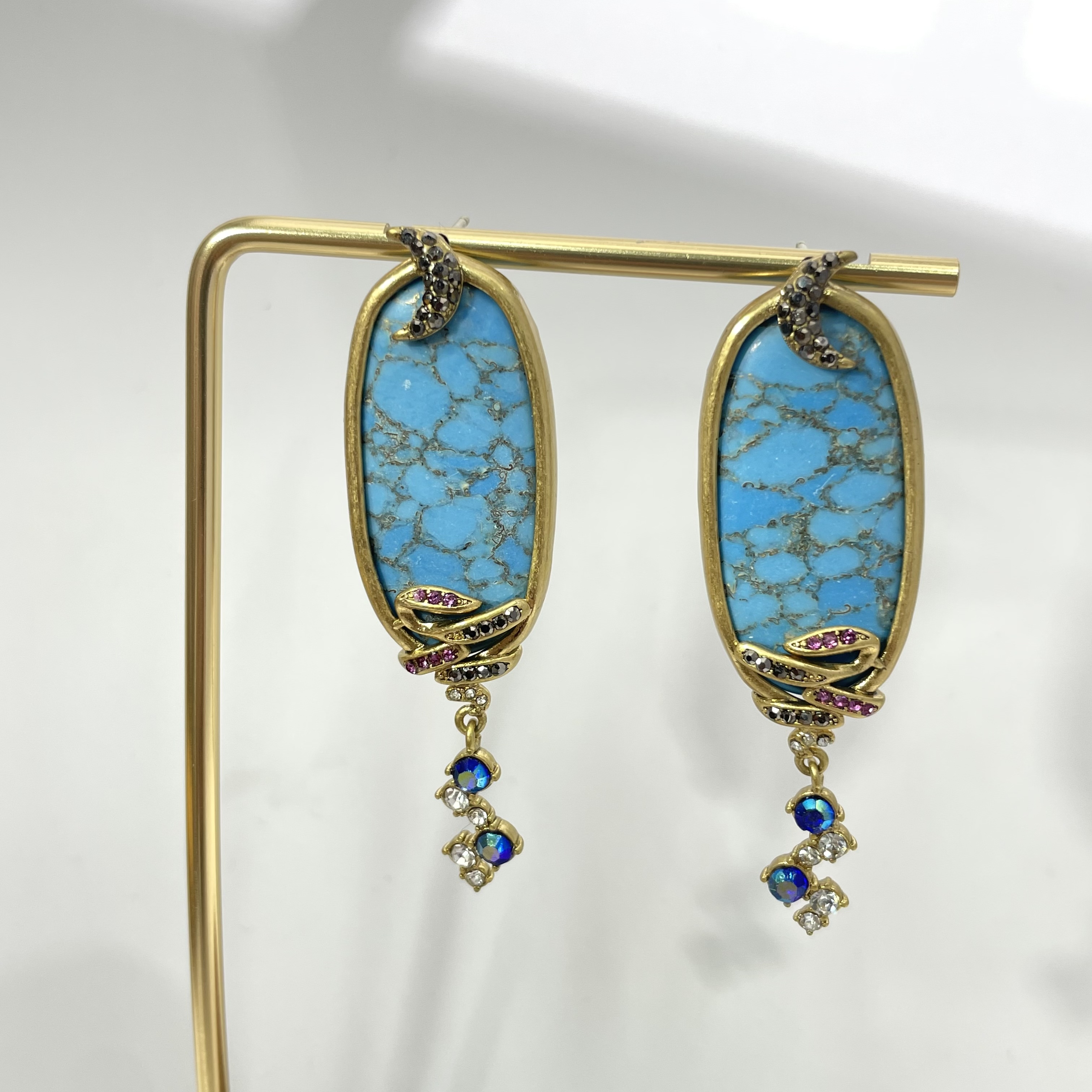 重工蛇纹镶嵌绿松石耳饰 星月彩钻流苏耳坠 工厂货源混批