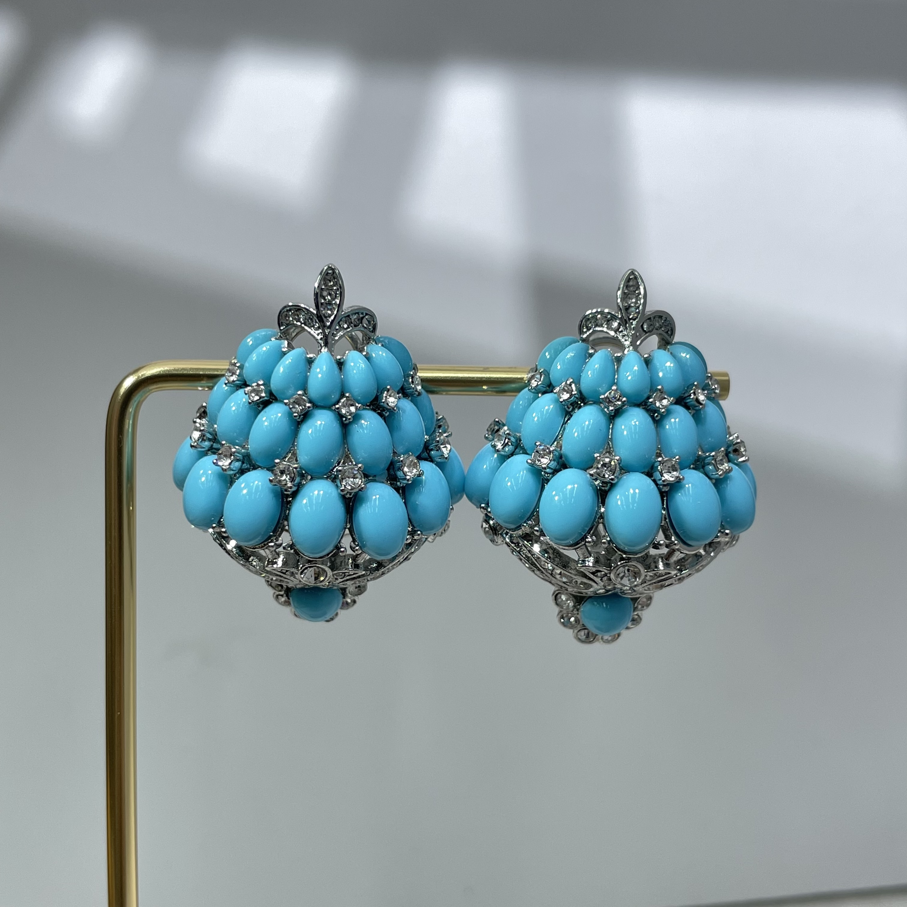 重工宫廷风绿松石葡萄串耳环 复古镶钻球形耳坠 小众轻奢饰品批发