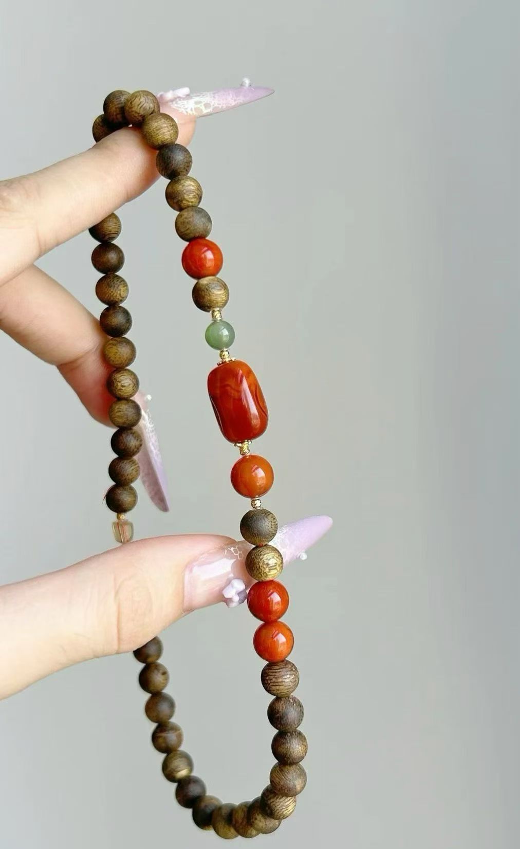 Natural Nha Trang agarwood bracelet, water-sinking grade, conformed flame pattern south red double ring high-end bracelet, women's gift Specification image