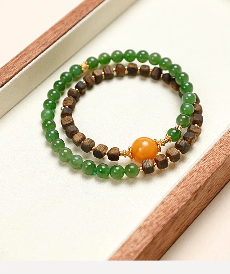 芽庄白奇楠沉香方糖手串和田碧玉双圈手链女蜜蜡多圈送女友礼物