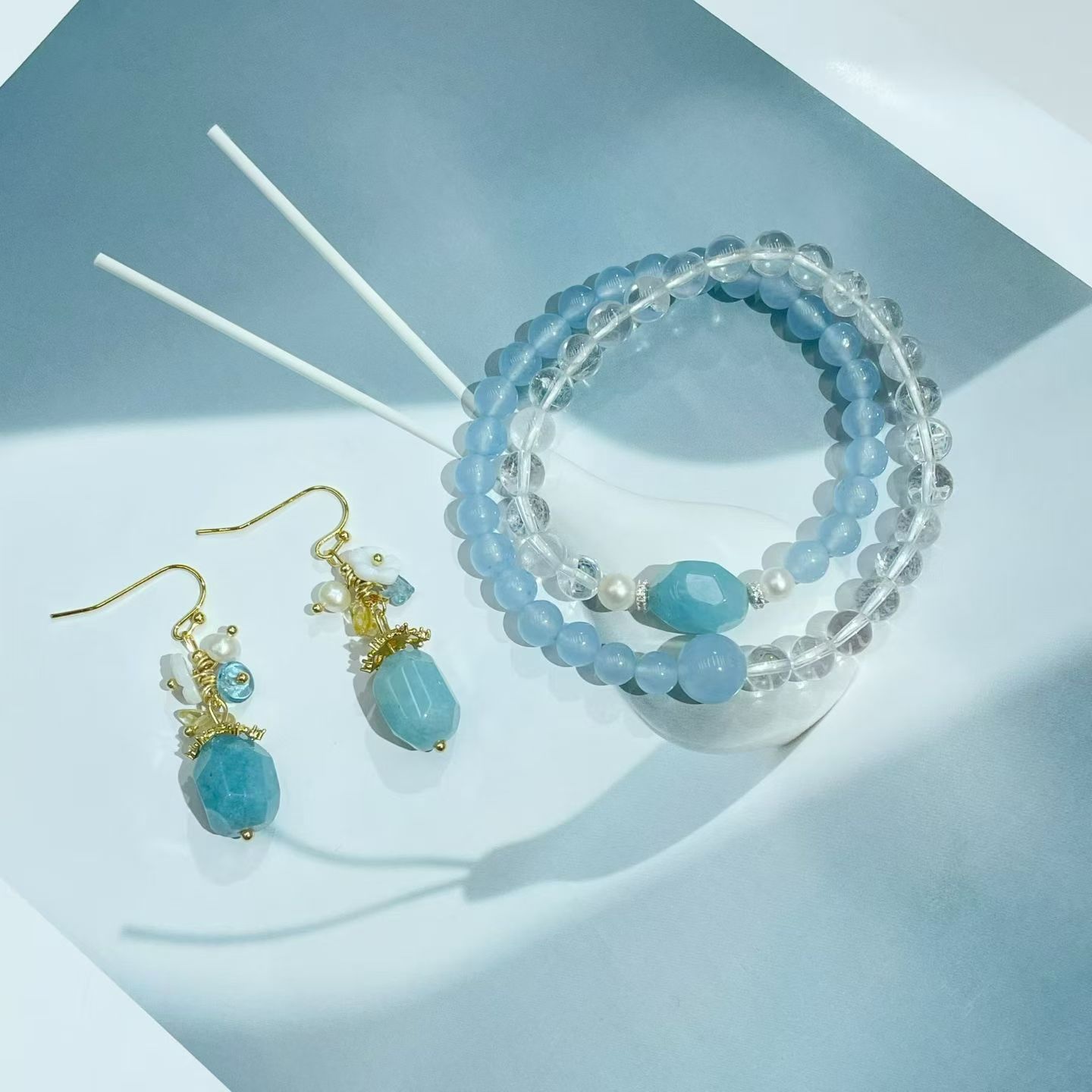 天然水晶手串女生白水晶天然水晶玛瑙珠子双圈手链