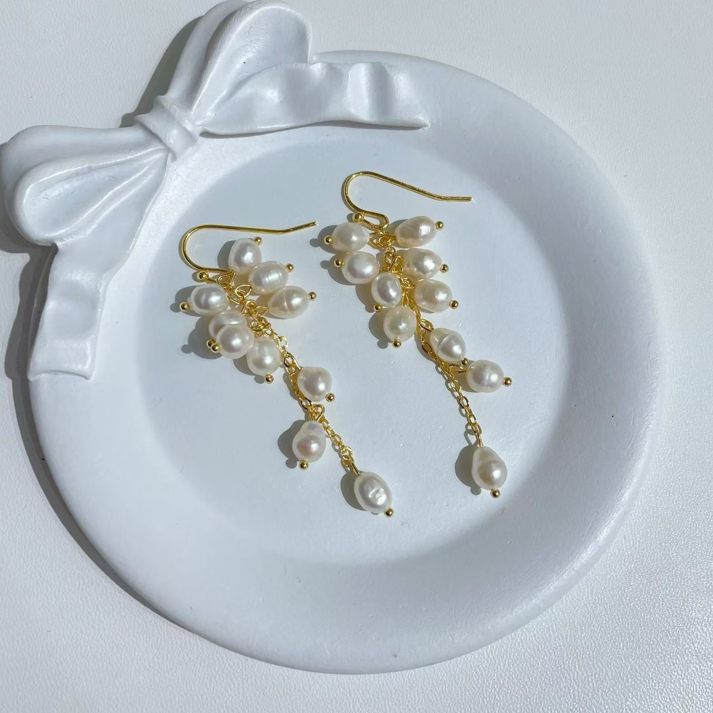 珍珠天然淡水多珠珍珠耳环长款流苏耳钉耳坠 14k注金耳饰