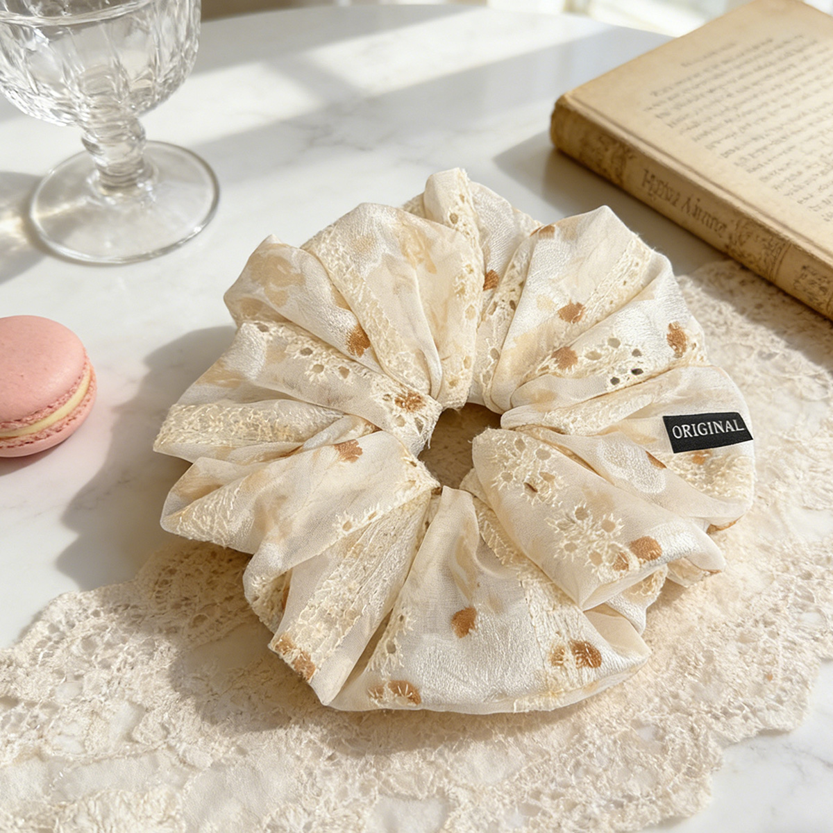 超大号蕾丝碎花刺绣大肠发圈女 高奢感懒人风布料大发圈饰品详情图5