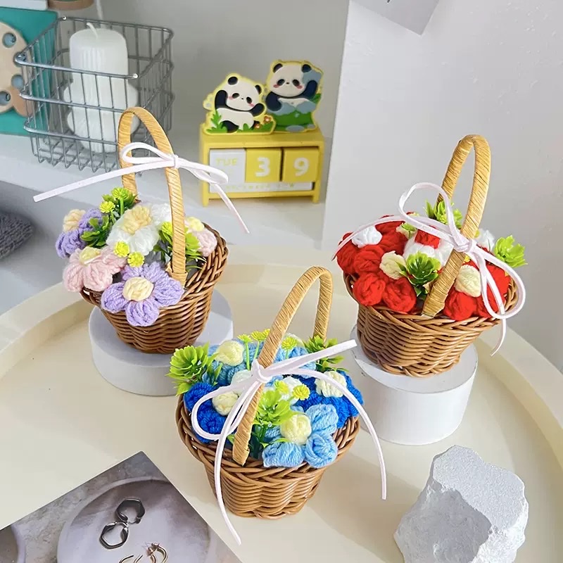 针织6朵泡芙小篮子钩织仿真花细节图