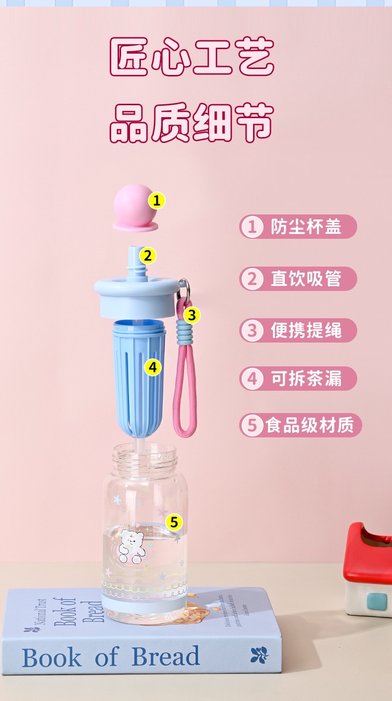 Cartoon plastic water cup, high appearance level, female tea separator, large capacity plastic cup, outdoor portable cup, student straw cup, no 550ml, 8533-1-1274 pic 5