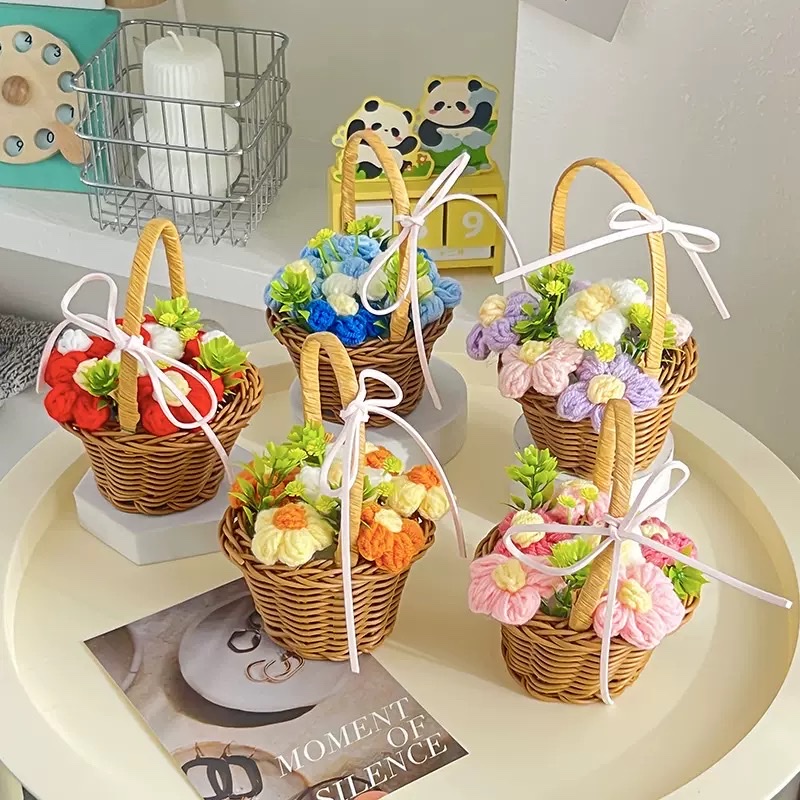 针织6朵泡芙小篮子钩织仿真花