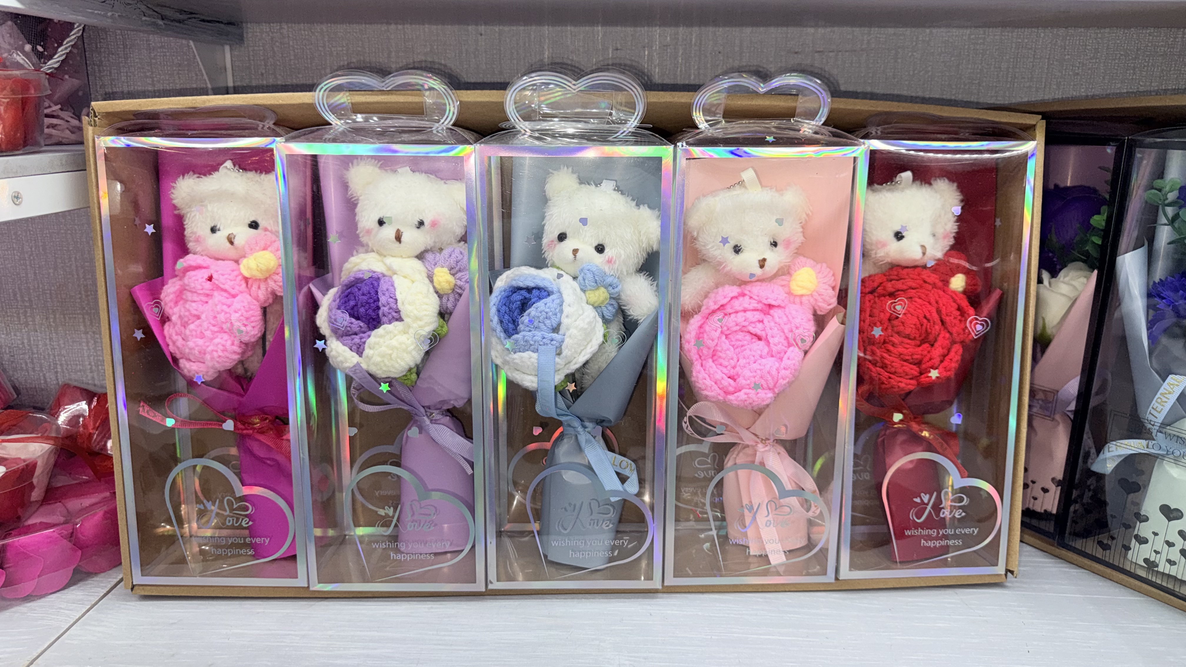 钩织仿真花腮红小熊加玫瑰