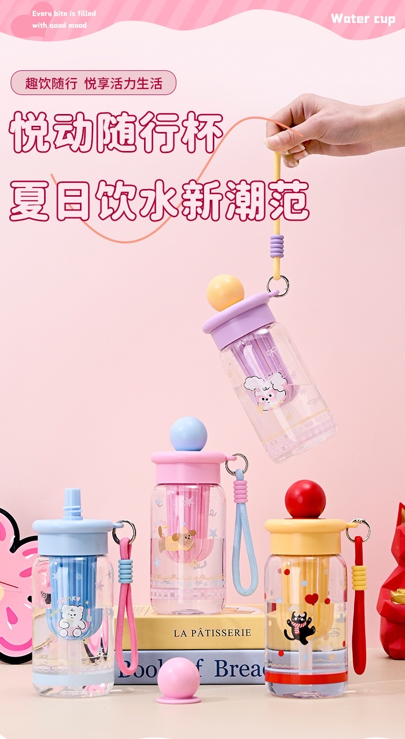 Cartoon plastic water cup, high appearance level, female tea separator, large capacity plastic cup, outdoor portable cup, student straw cup, no 550ml, 8533-1-1274 pic 1