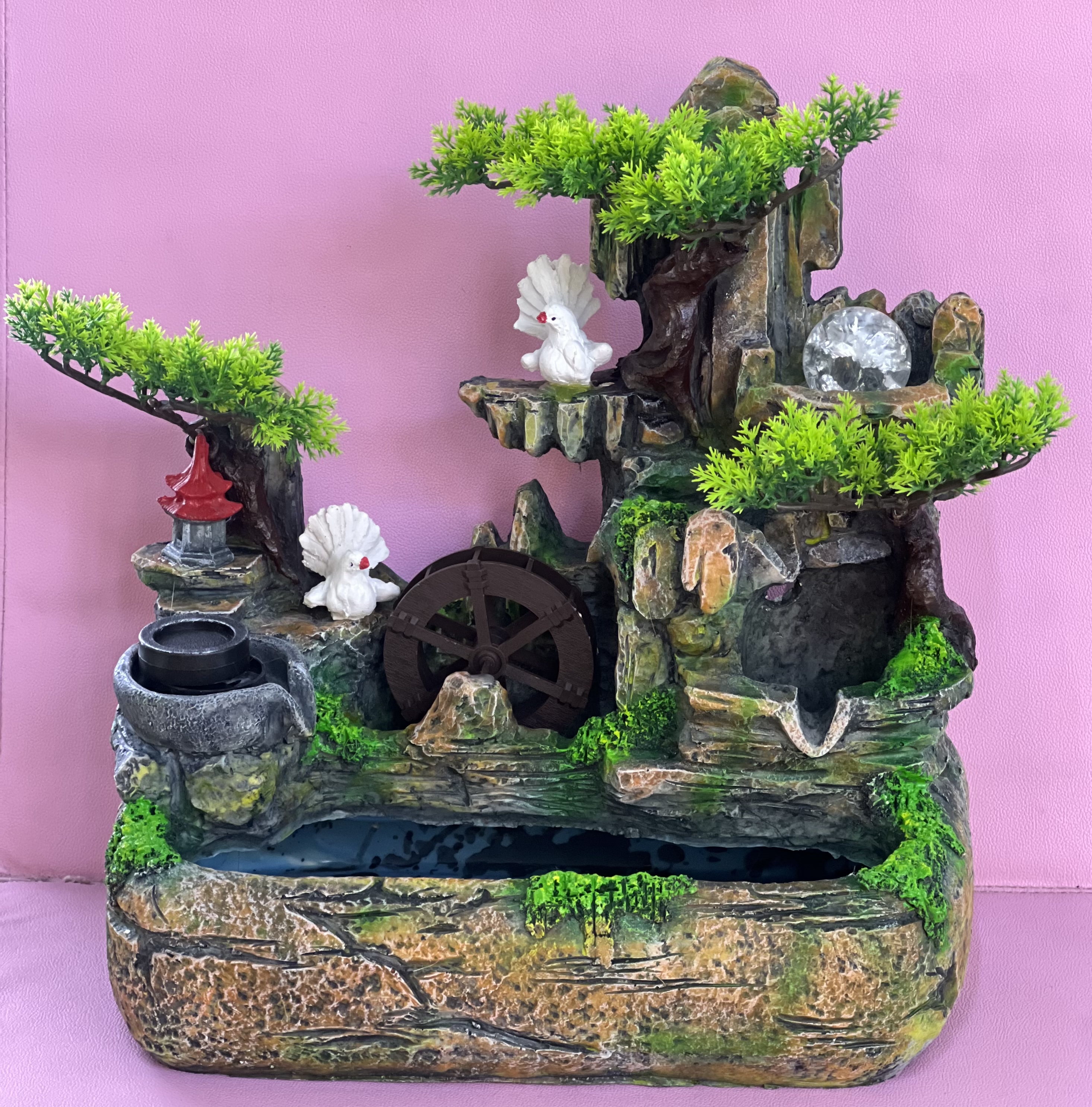 Resin small bonsai, water curtain wall, artificial rockery, flowing water ornaments, circulating water landscape, office screen decoration, water wheel, floor-standing fountain, humidifier, feng shui Specification image