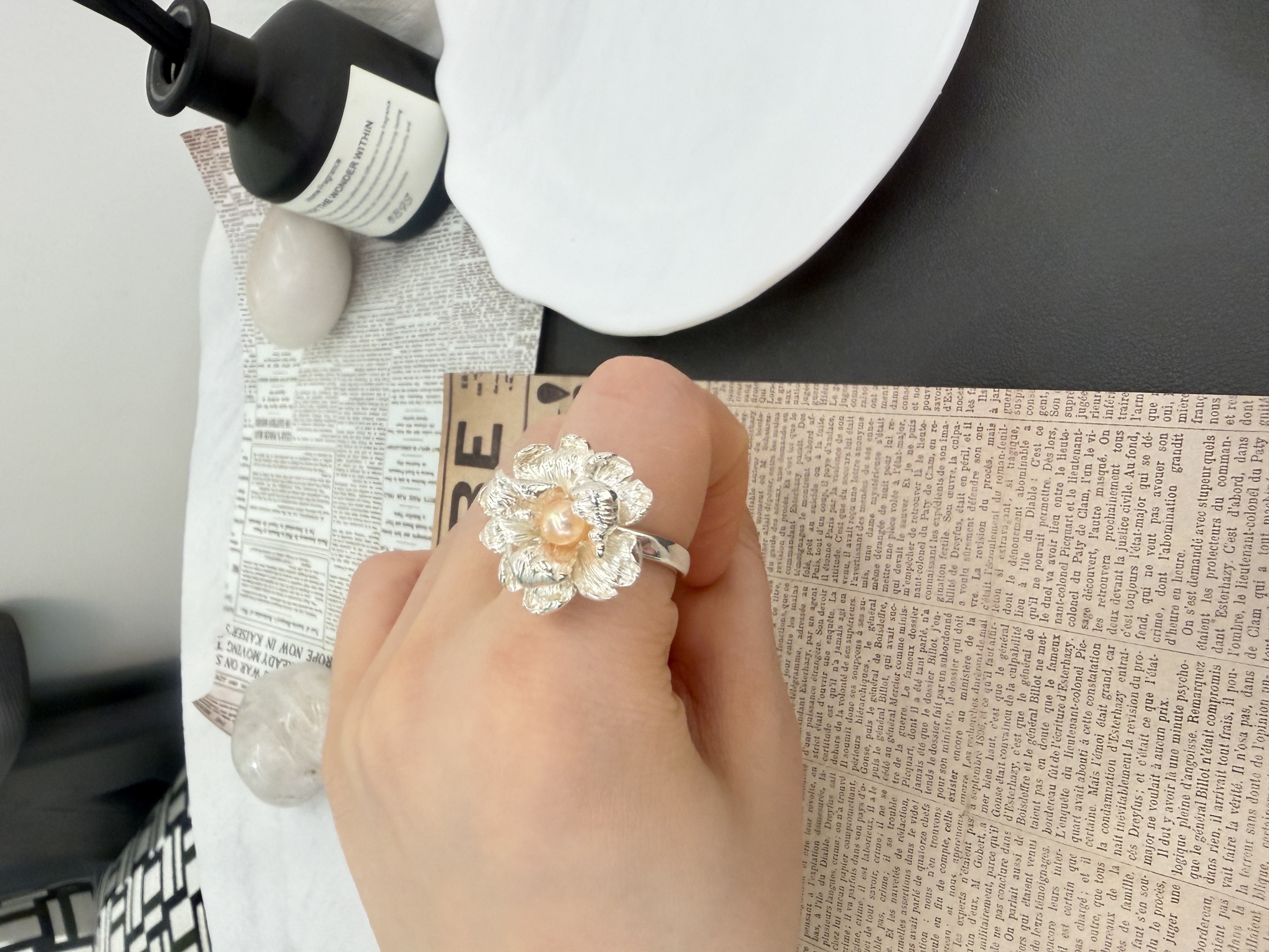 足银淡水珍珠戒指牡丹开口戒指