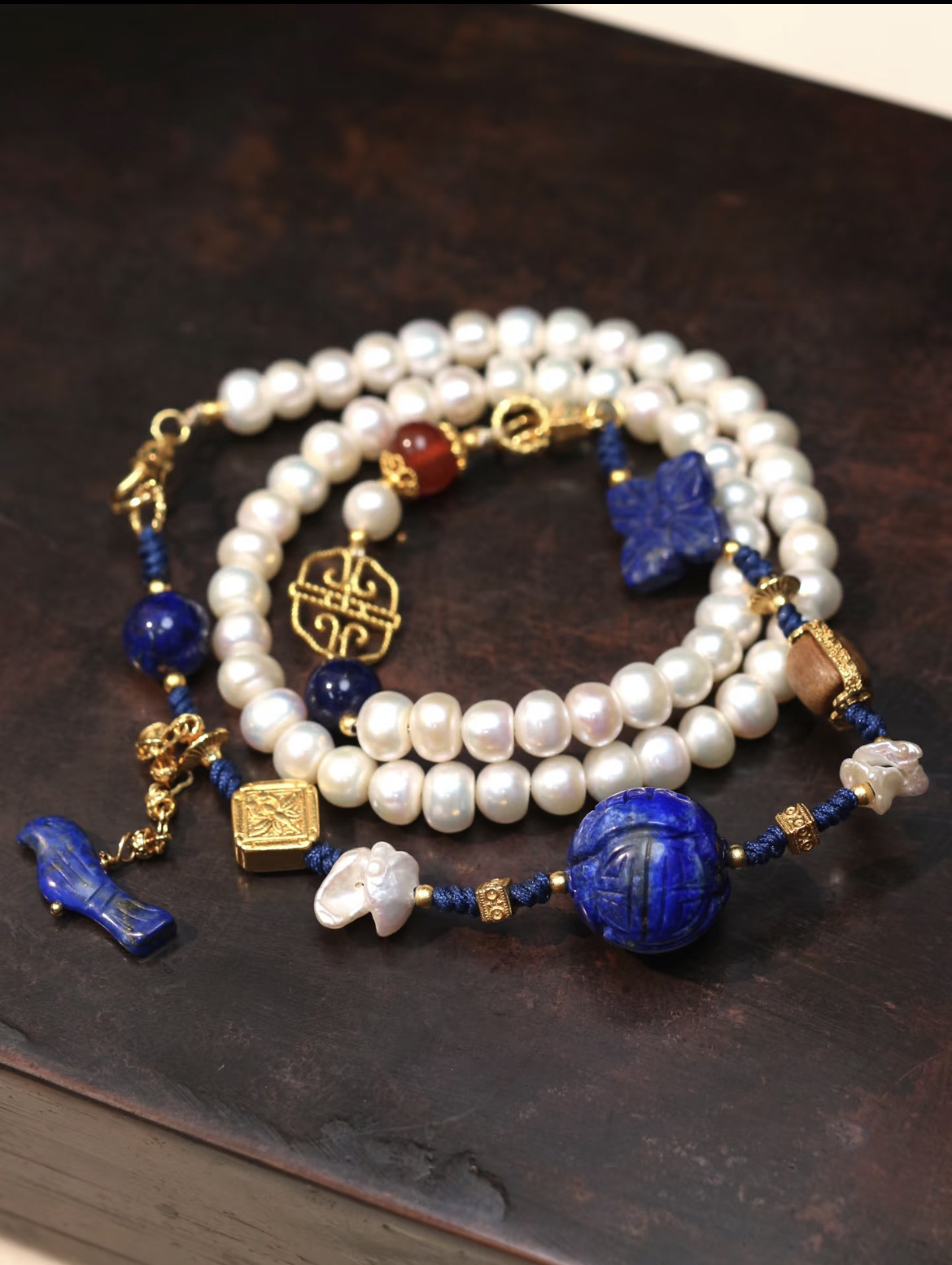 中国风青金石雕刻珍珠多用款首饰