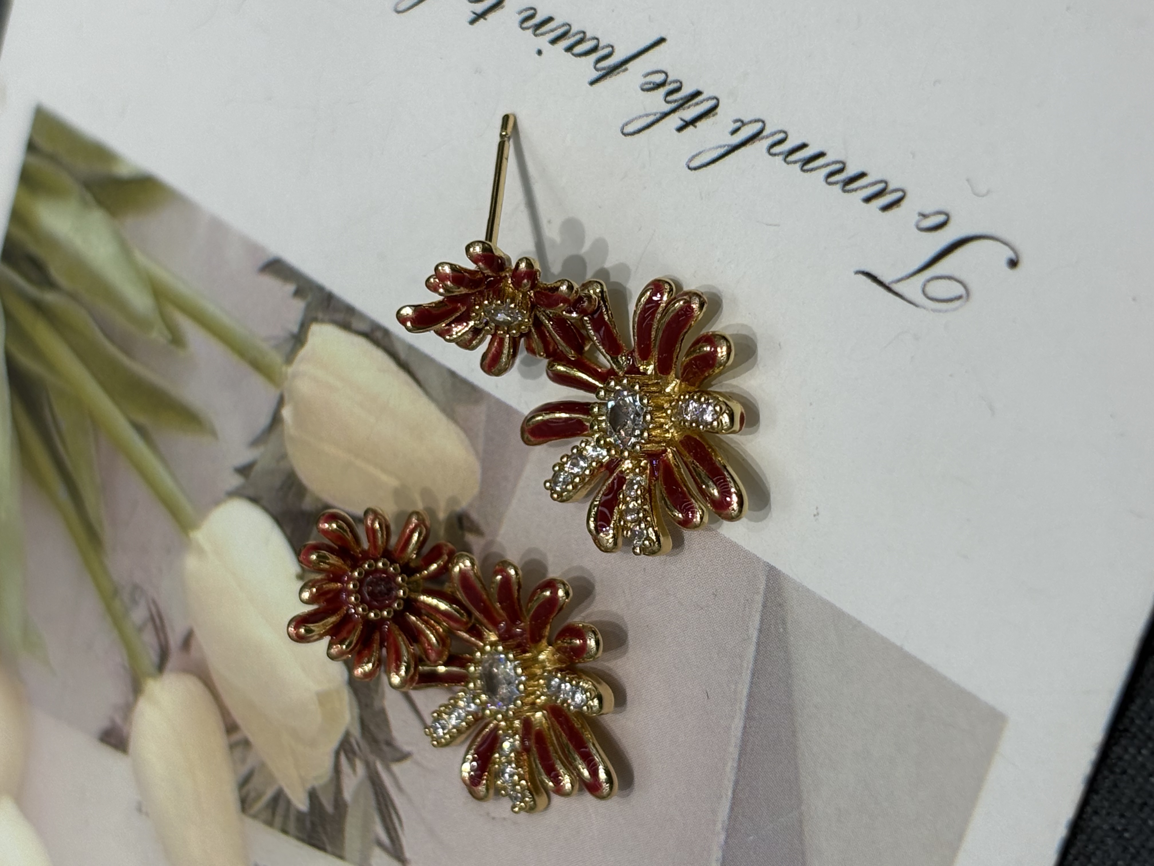 复古红金雏菊耳钉！珐琅滴油高级感拉满