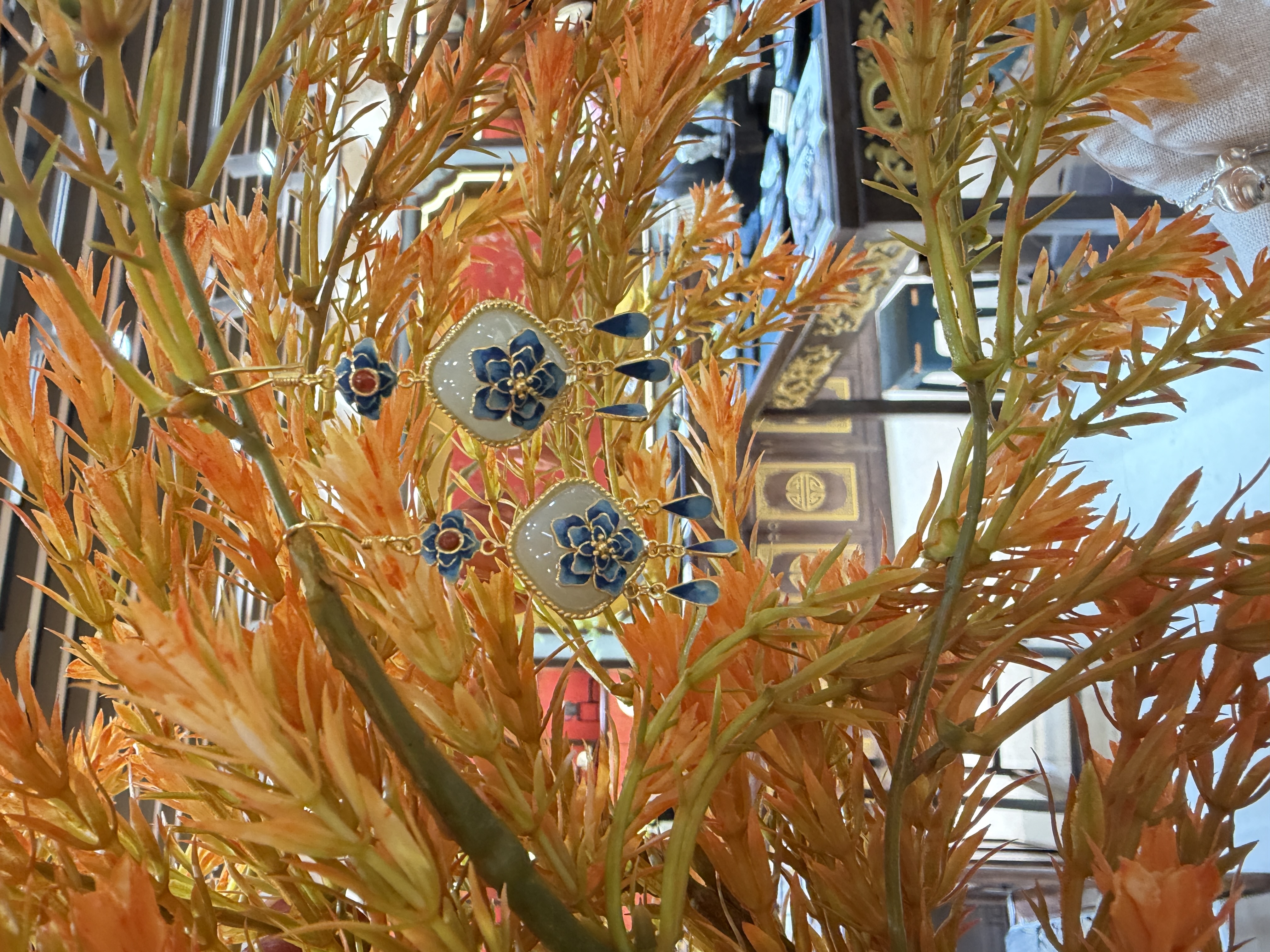 纯银和田玉耳坠宝相花耳坠