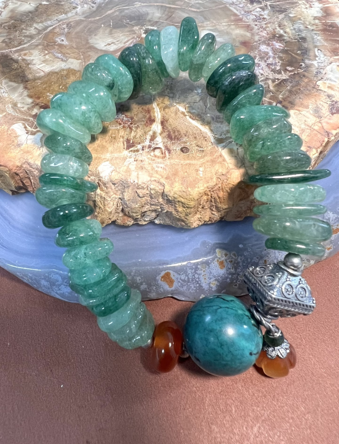 【苔痕】清透绿草莓晶碟片手链 民族风银饰配珠手链珠宝首饰