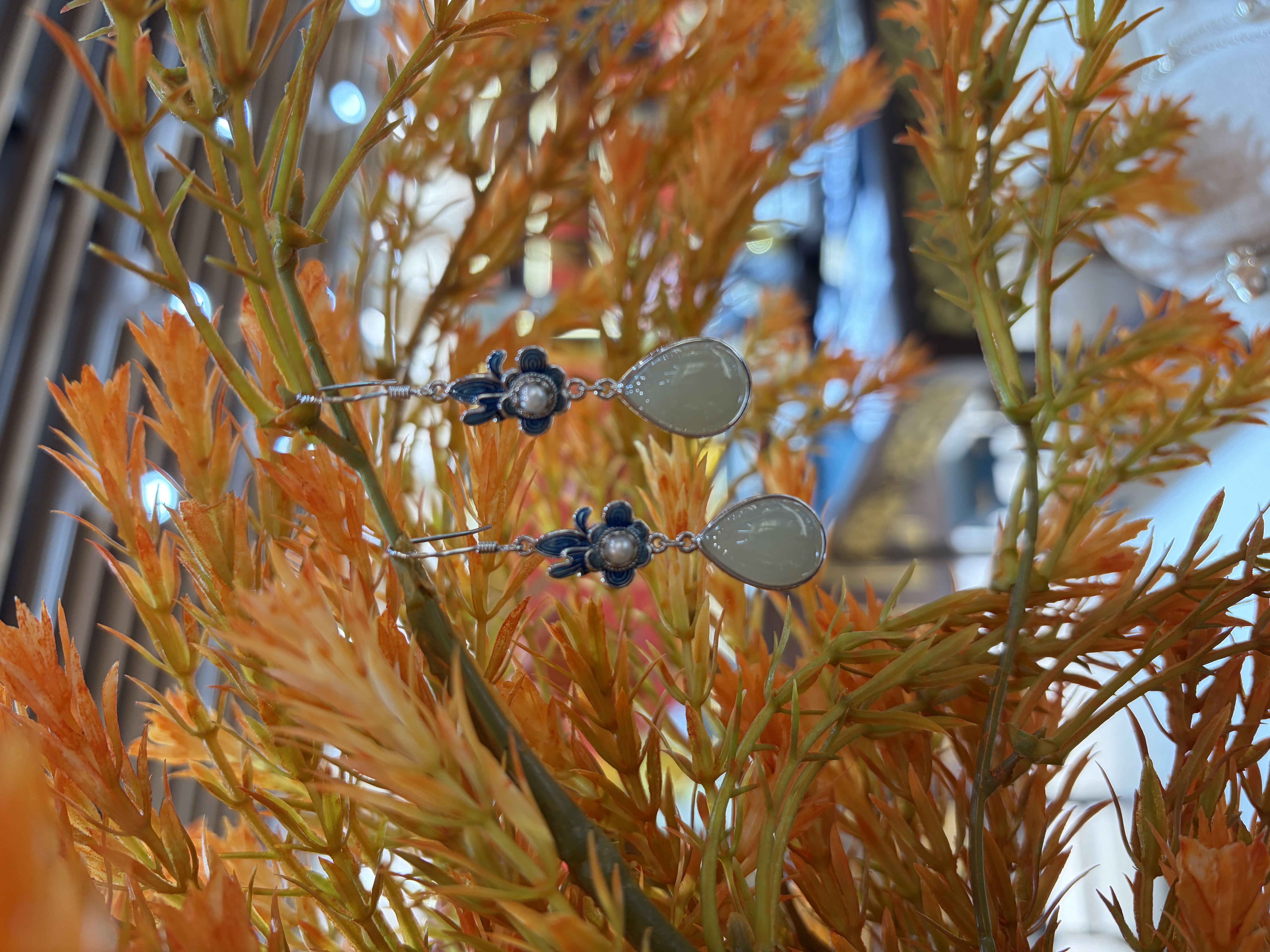 纯银和田玉耳坠花朵耳坠