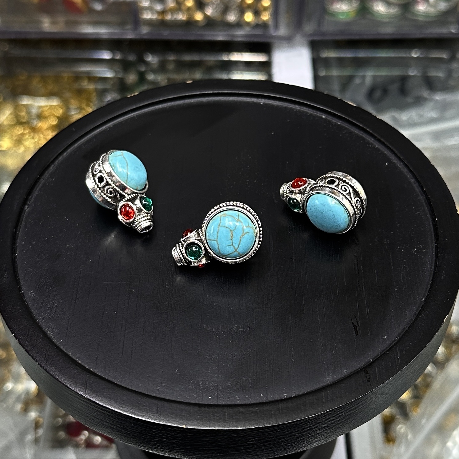 藏式复古三通 宝石镶嵌一体回纹镂空三通手工文玩手链串饰DIY合金配件