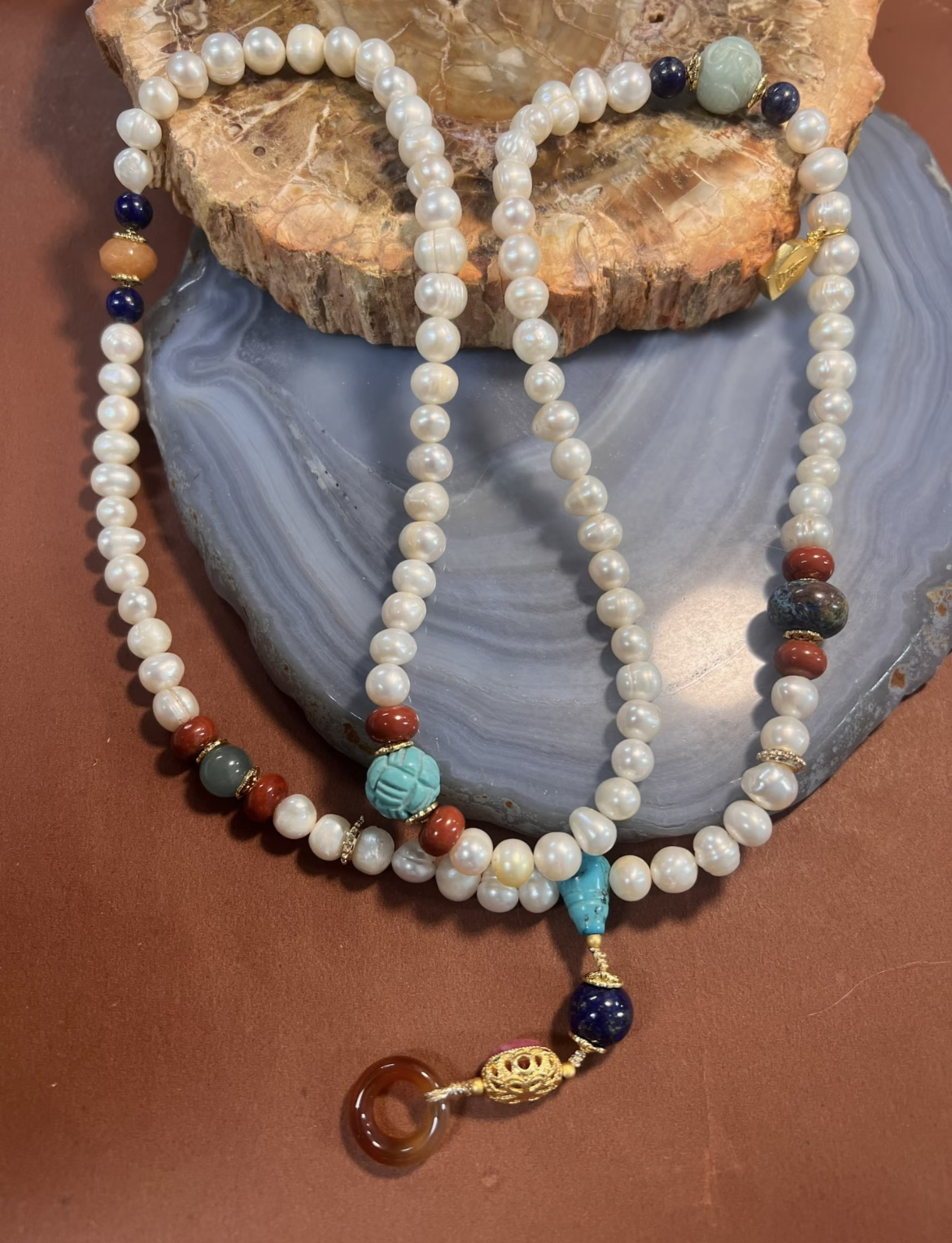 【珠华】宫廷风珍珠多宝项链 绿松石青金石复古吊坠国风长链珠宝首饰