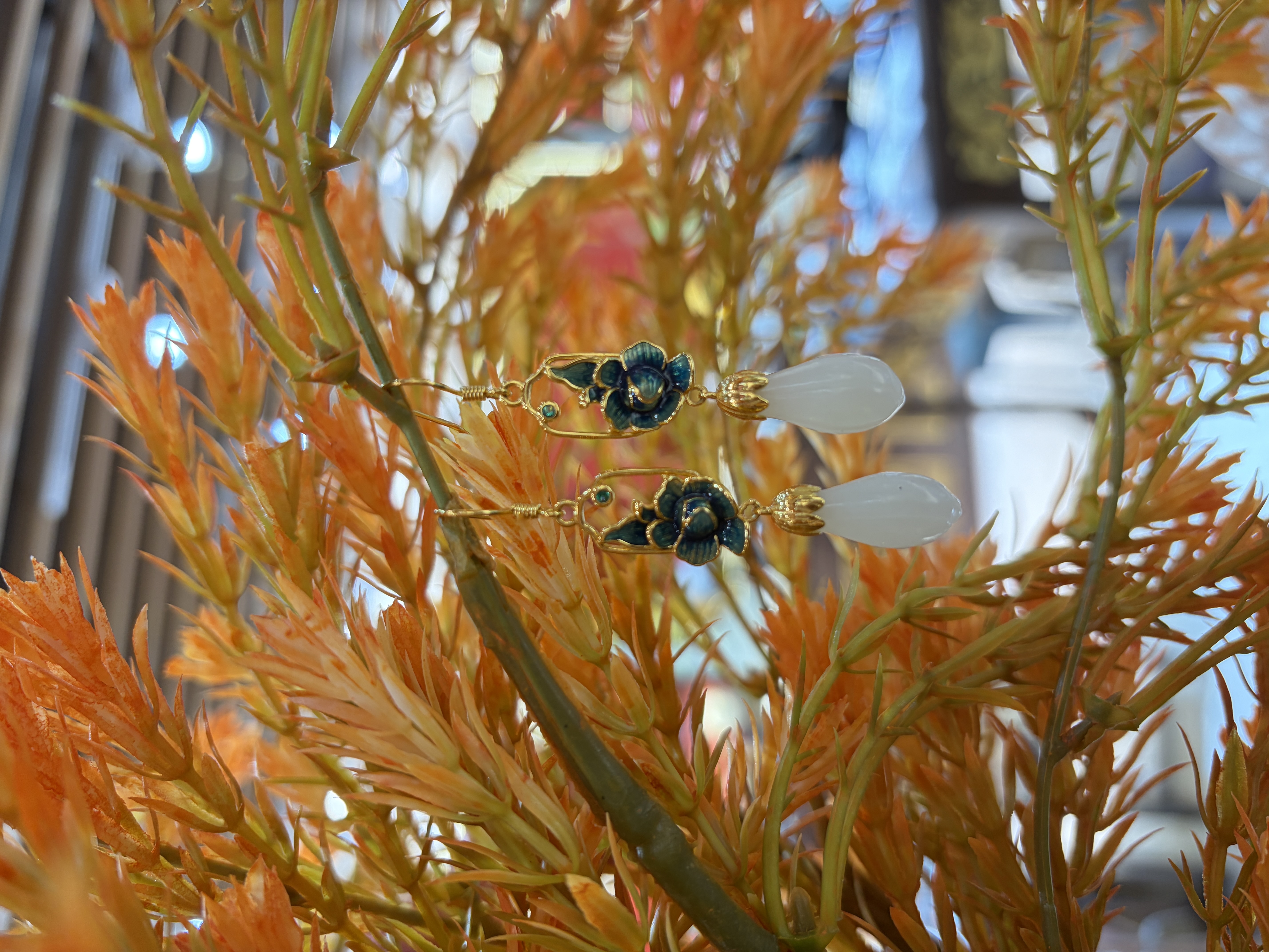 纯银和田玉耳坠，玉兰花耳坠