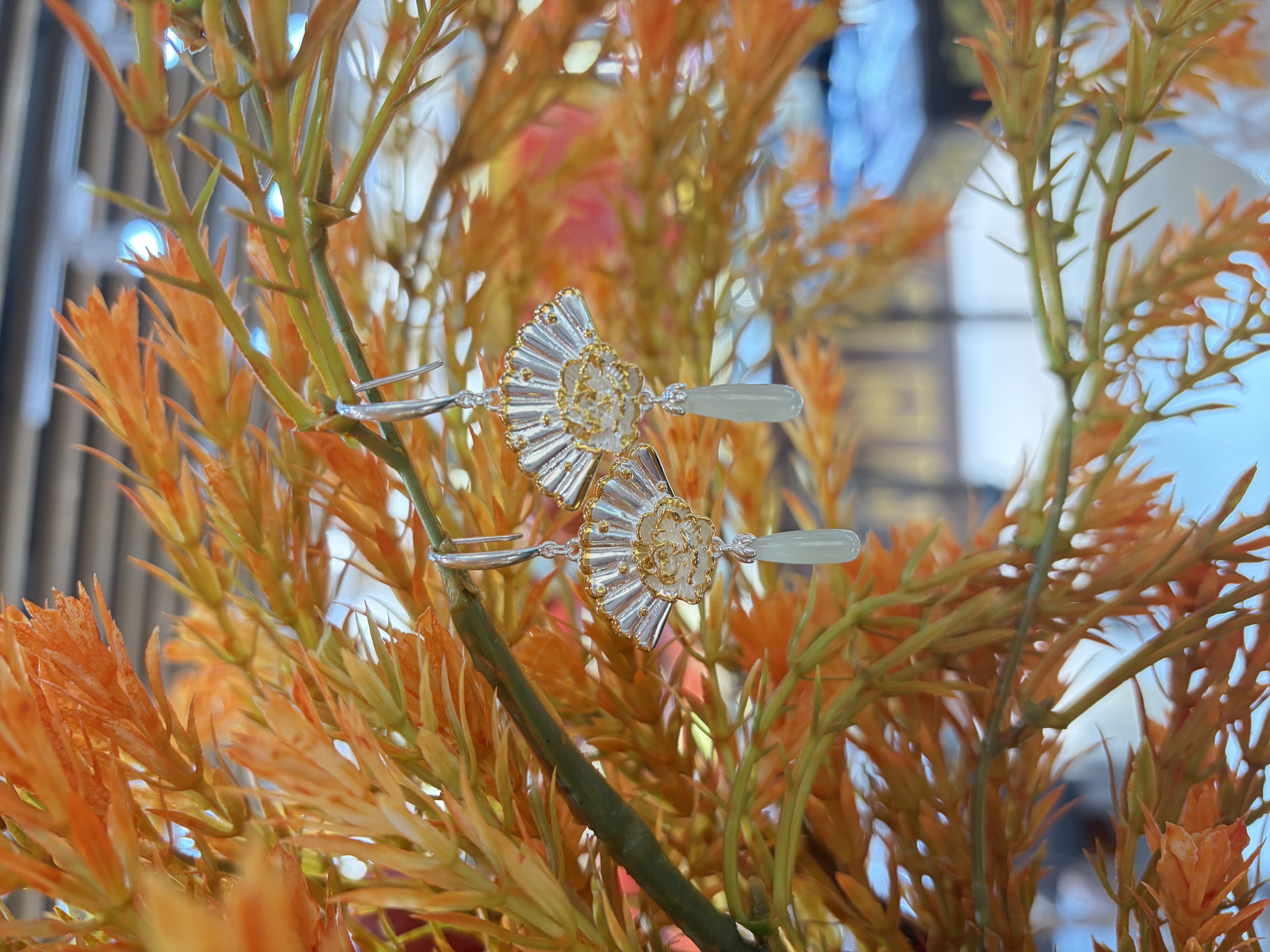纯银和田玉耳坠12花神系列花扇绮梦芙蓉花耳坠