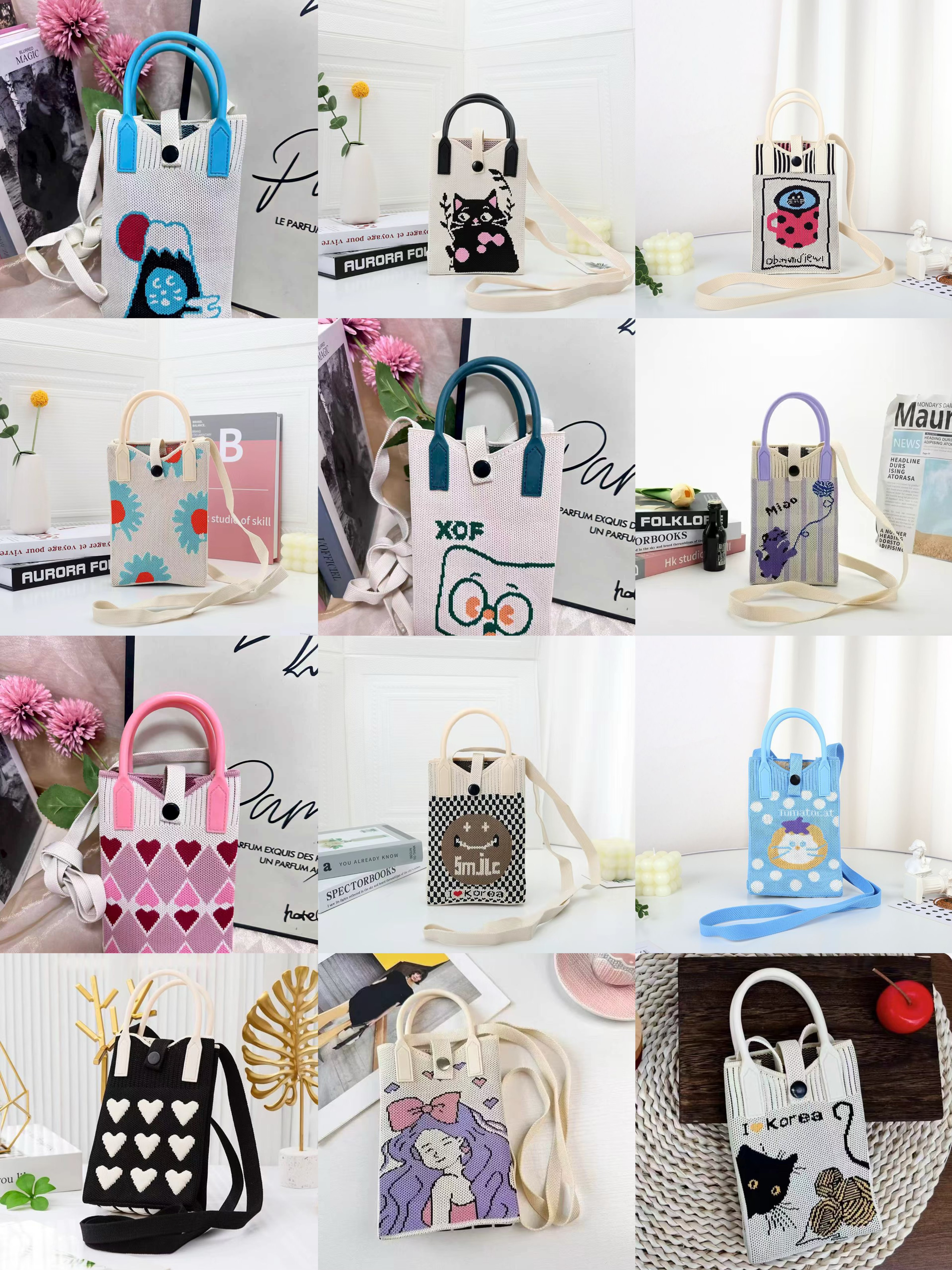 韩系可爱卡通针织手机包 熊猫小狗爱心撞色手提斜挎包 迷你百搭托特包少女心小方包