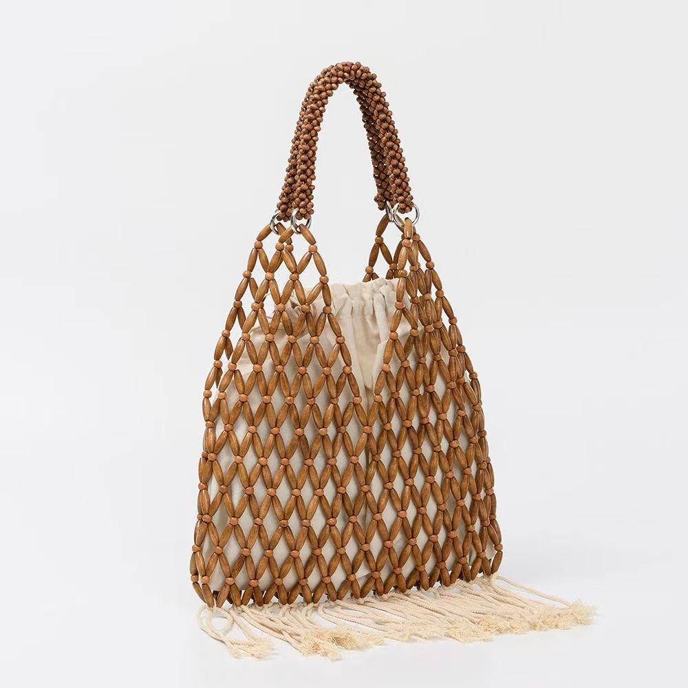 New wooden bead tassel hand-strung pearl women's artistic, European and American retro women's niche design stylish handbag, hand-held fabric bag detail image 7