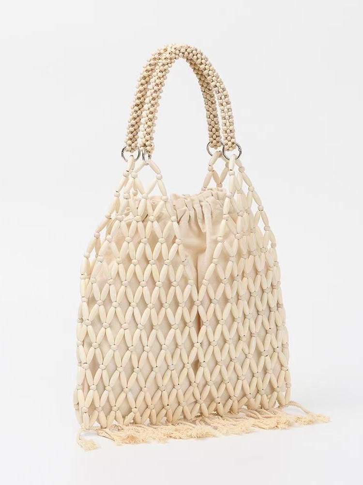New wooden bead tassel hand-strung pearl women's artistic, European and American retro women's niche design stylish handbag, hand-held fabric bag details Picture