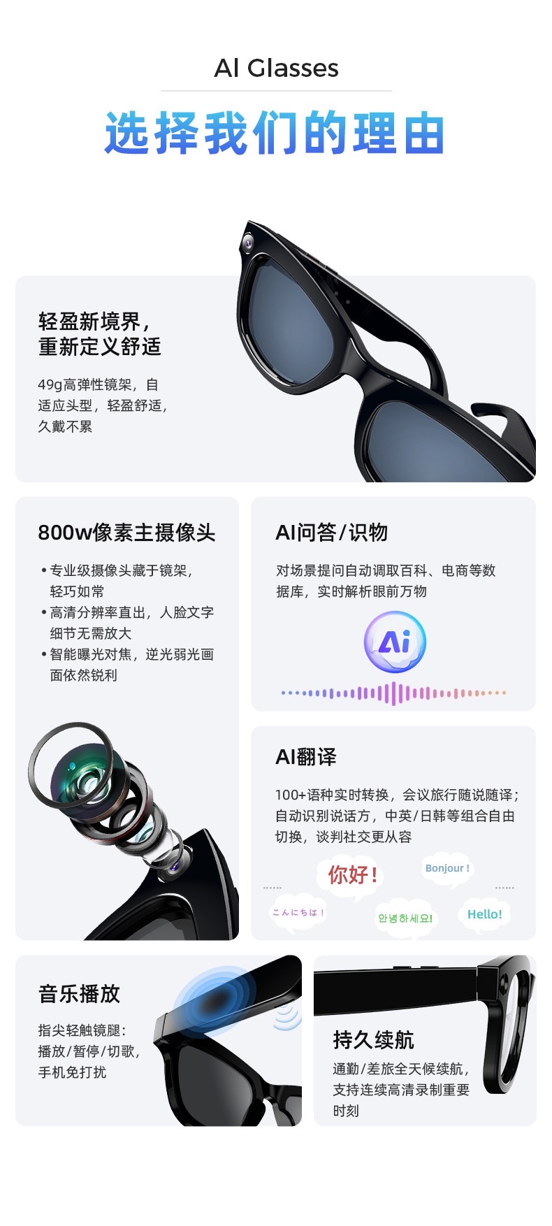 M01pro智能眼镜800w像素拍照录像智能ai翻译识物搜索蓝牙通话音乐
详情图3