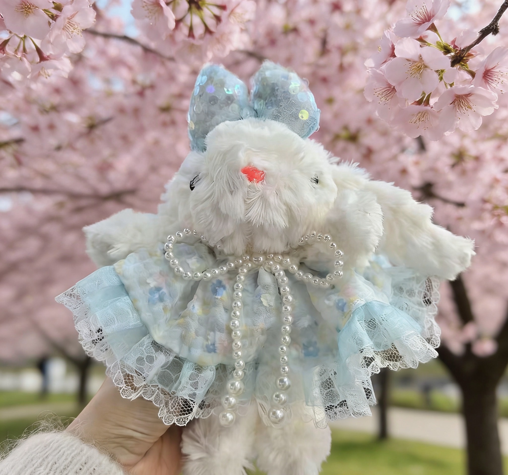 原创Dly可爱兔子樱花蓝蕾丝珍珠玩偶包 少女心可爱毛绒包挂，成品摆件毛绒玩具