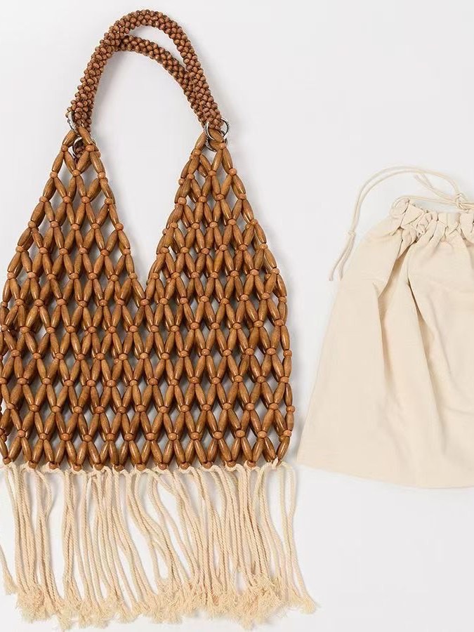 New wooden bead tassel hand-strung pearl women's artistic, European and American retro women's niche design stylish handbag, hand-held fabric bag detail image 4