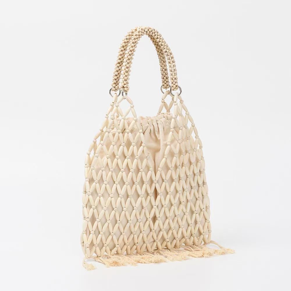 New wooden bead tassel hand-strung pearl women's artistic, European and American retro women's niche design stylish handbag, hand-held fabric bag detail image 6