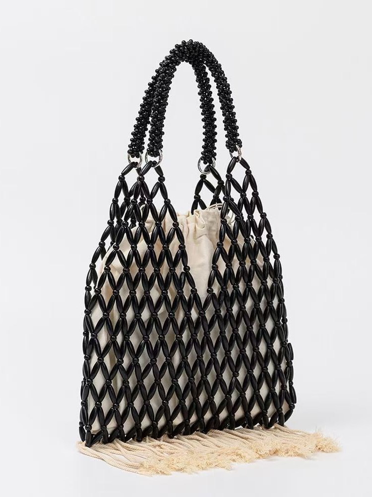 New wooden bead tassel hand-strung pearl women's artistic, European and American retro women's niche design stylish handbag, hand-held fabric bag detail image 3