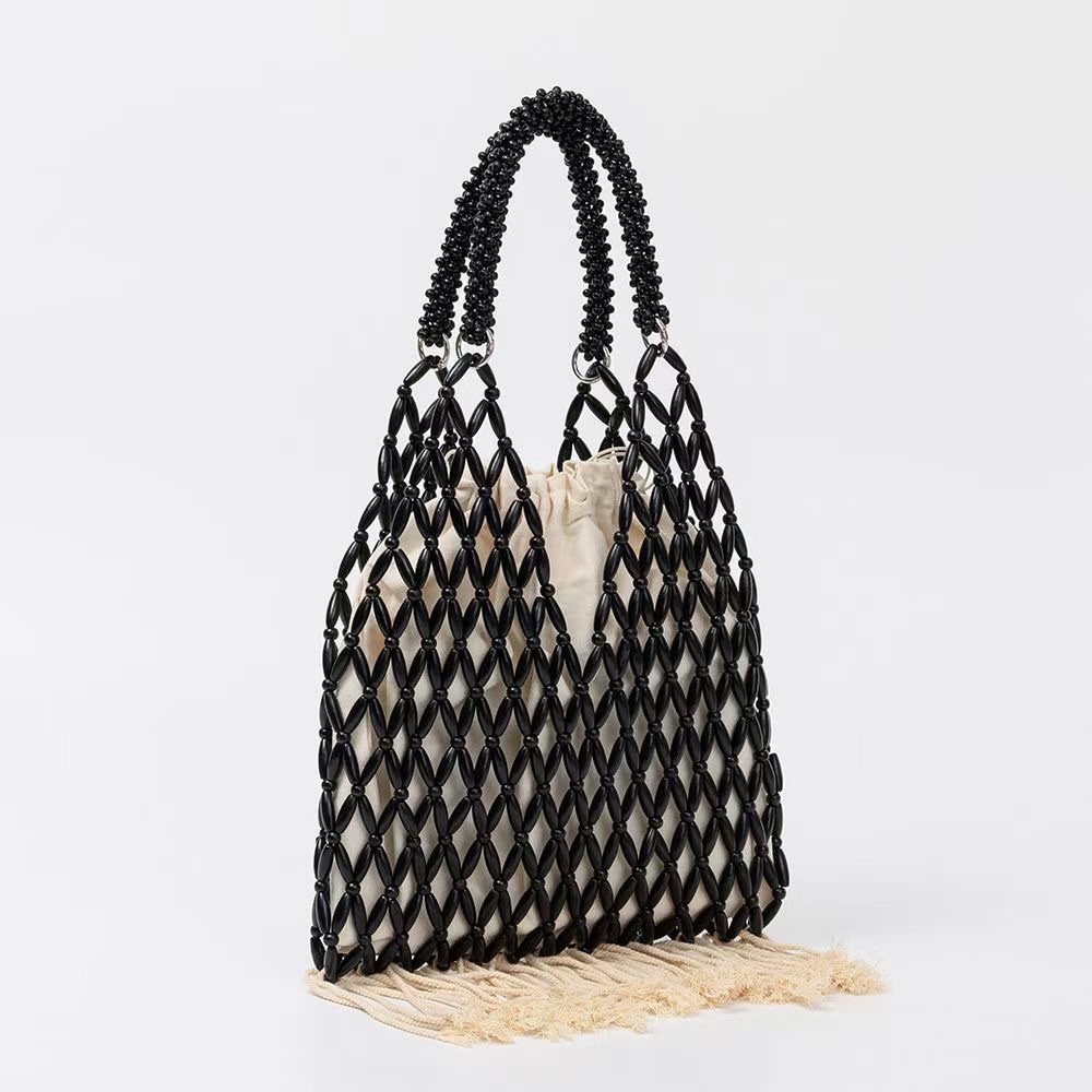 New wooden bead tassel hand-strung pearl women's artistic, European and American retro women's niche design stylish handbag, hand-held fabric bag detail image 8