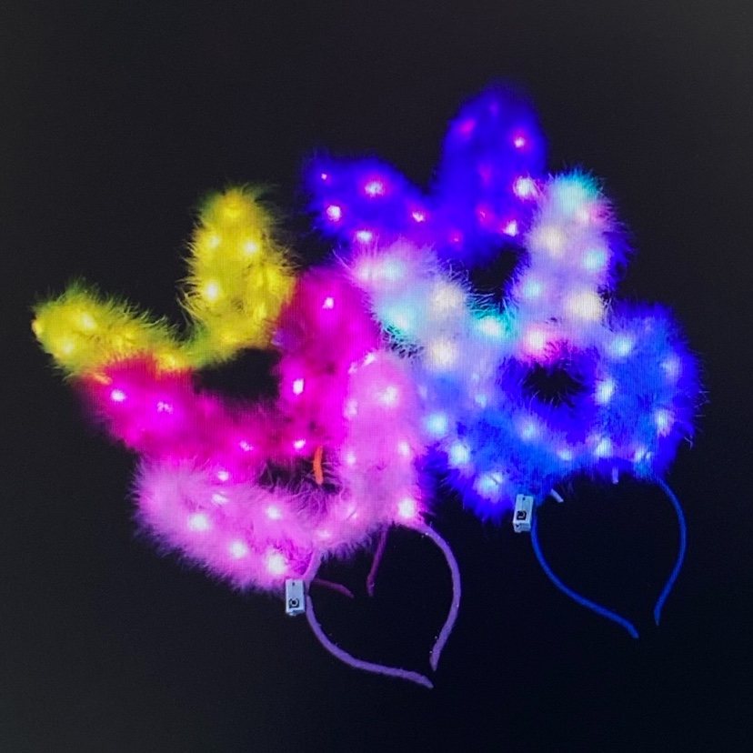 新款14灯发光羽毛兔耳朵发箍网红爆款头饰地摊发光玩具
