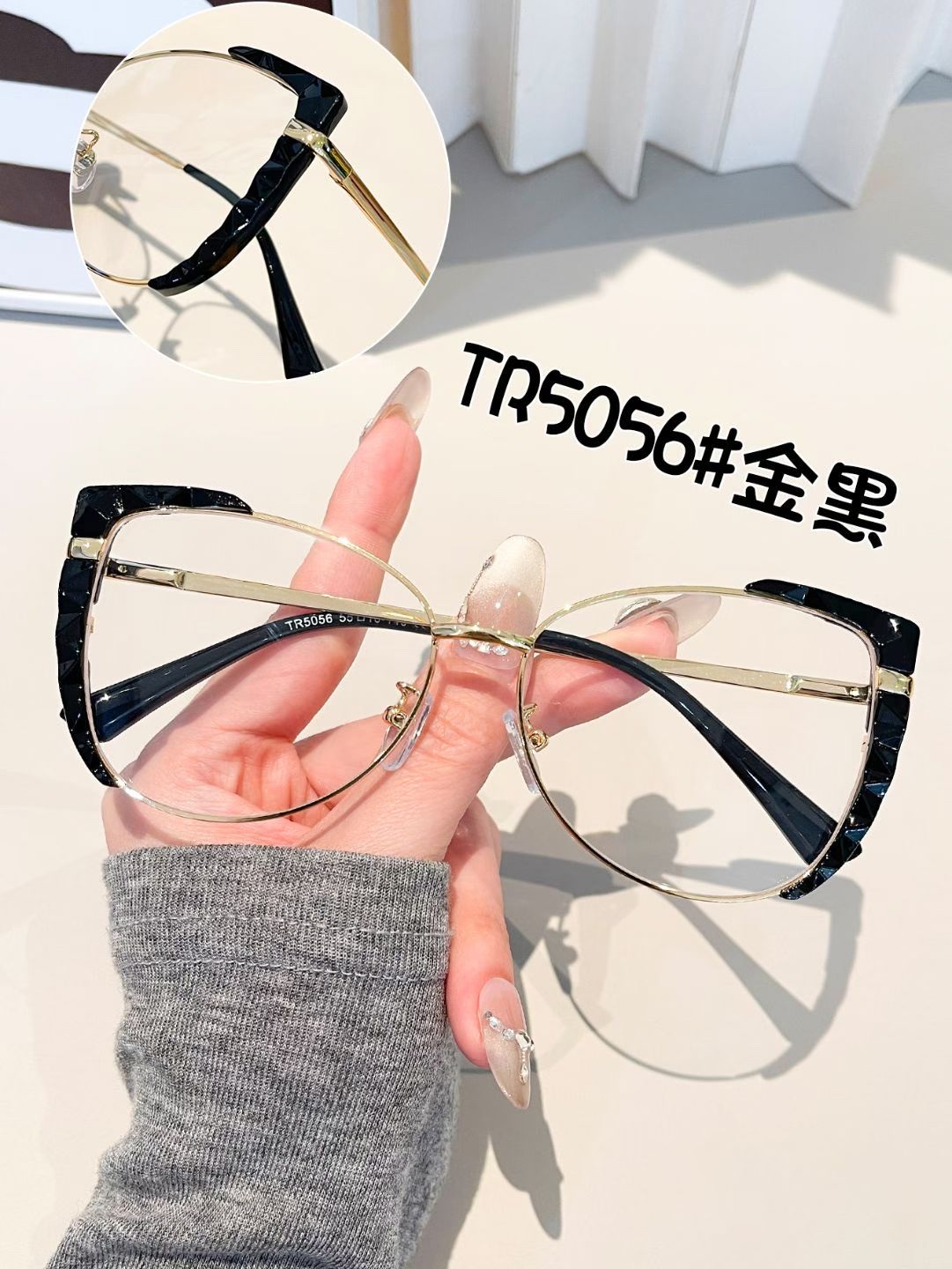 Cross-border cat-eye flat light glasses for women 2026, fashionable and retro metal cat-eye leopard print glasses frame, round face slimming, anti-blue light, can be matched with myopia glasses, flat light European and American style detail image 8